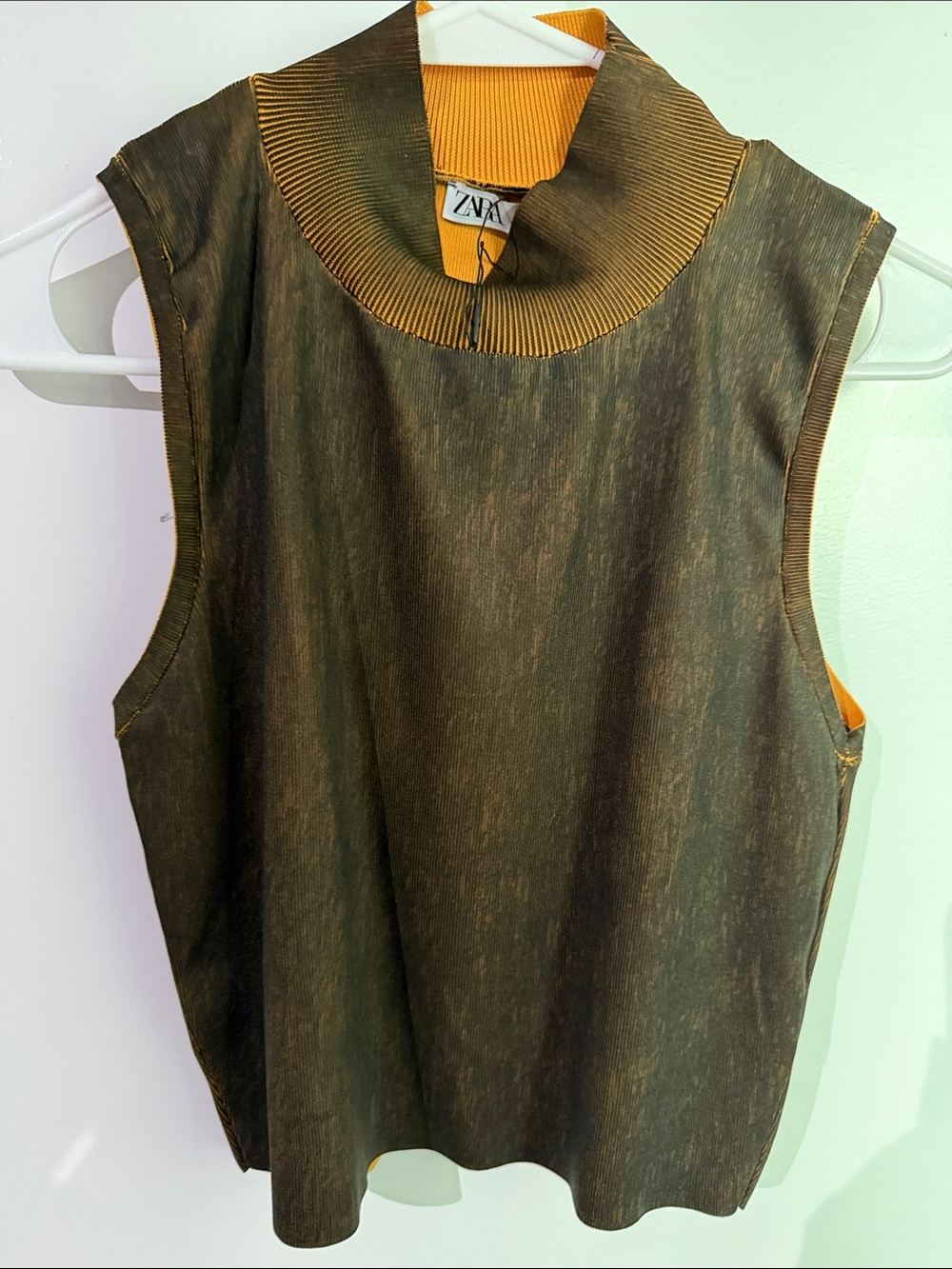 Zara Women's Sleeveless Top in Olive Brown with Ribbed Collar